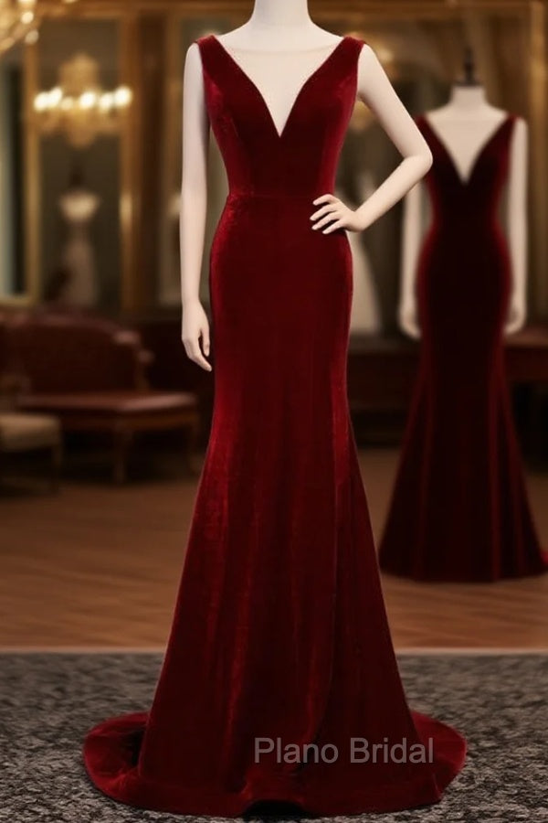 Burgundy Mermaid Velvet See Through V-neck Formal Prom Dresses Main image