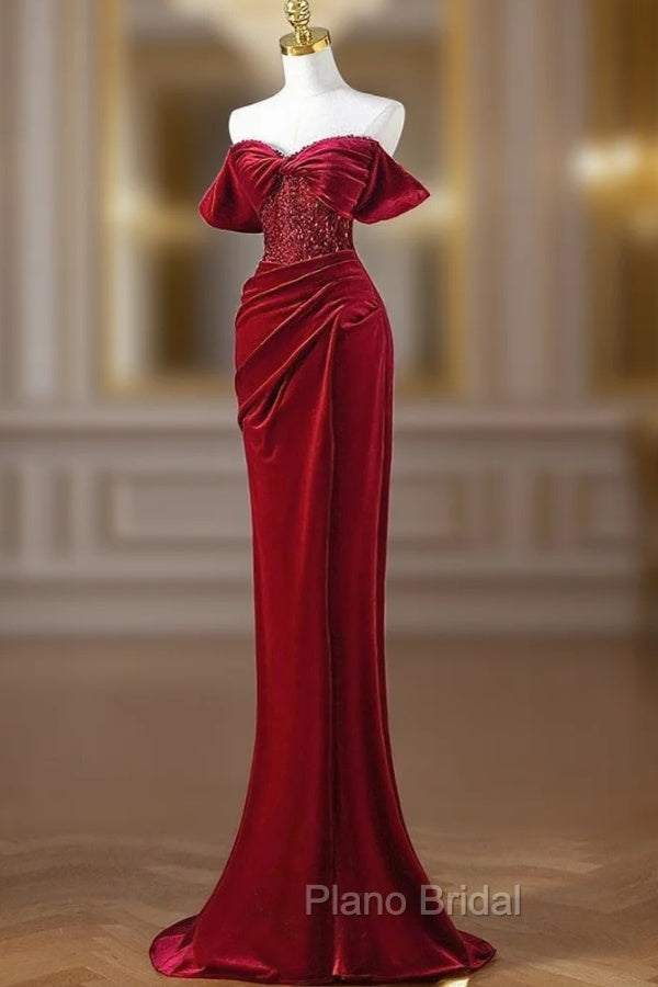 Burgundy Mermaid Velvet Sequins Formal Prom Dresses