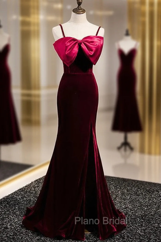 Burgundy Mermaid Velvet Spaghetti Straps Formal Prom Dresses With Bow Main image
