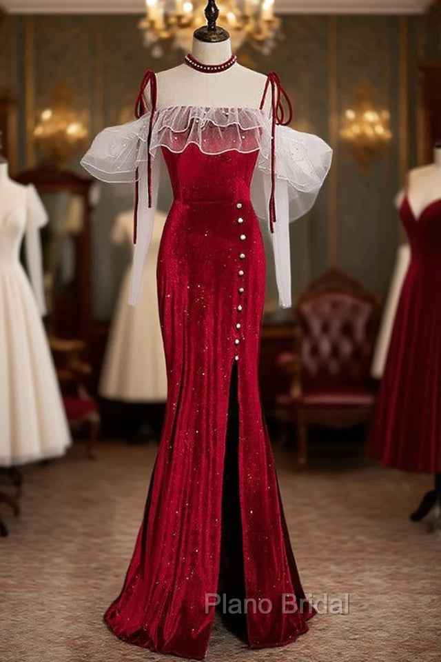 Burgundy Mermaid Velvet Spaghetti Straps Formal Prom Dresses With Split Main image