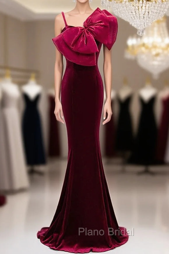 Burgundy Mermaid Velvet Spaghetti Straps Formal Prom Dresses Main image