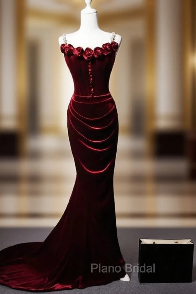 Burgundy Mermaid Velvet Straps Flwoer Formal Prom Dresses