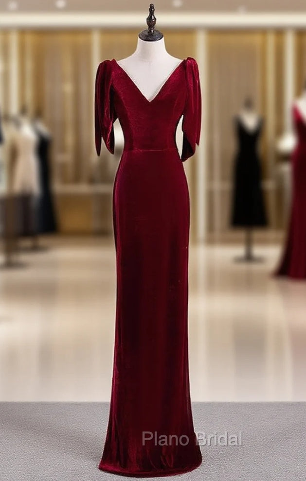 Burgundy Mermaid Velvet V-neck Formal Prom Dresses Main image