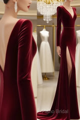 Burgundy Muslim Formal Dresses Mermaid V-Neck Long Sleeves Velvet Slit Islamic Dubai Saudi Arabic Long Formal Gown