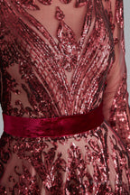 A-Line Luxury Sequins Long Sleeve Backless Prom Dresses