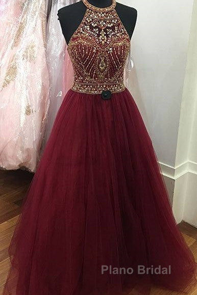 Burgundy O Neck Sequin Beads Tulle Formal Prom Dresses, Burgundy Evening Dresses Secondary image