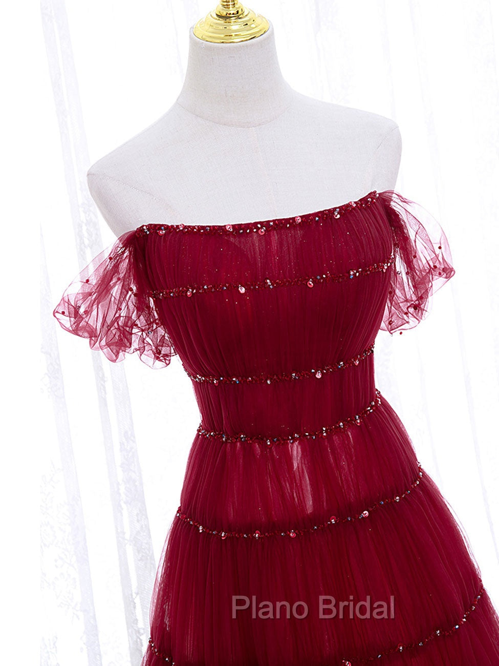 Burgundy Off Shoulder Long Formal Prom Dresses, Burgundy Formal Dresses with Beading Sequin