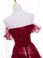 Burgundy Off Shoulder Long Formal Prom Dresses, Burgundy Formal Dresses with Beading Sequin