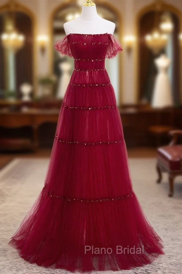 Burgundy Off Shoulder Long Formal Prom Dresses, Burgundy Formal Dresses with Beading Sequin Main image
