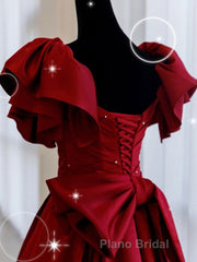 Burgundy off shoulder satin long Formal Prom dress, burgundy evening dress