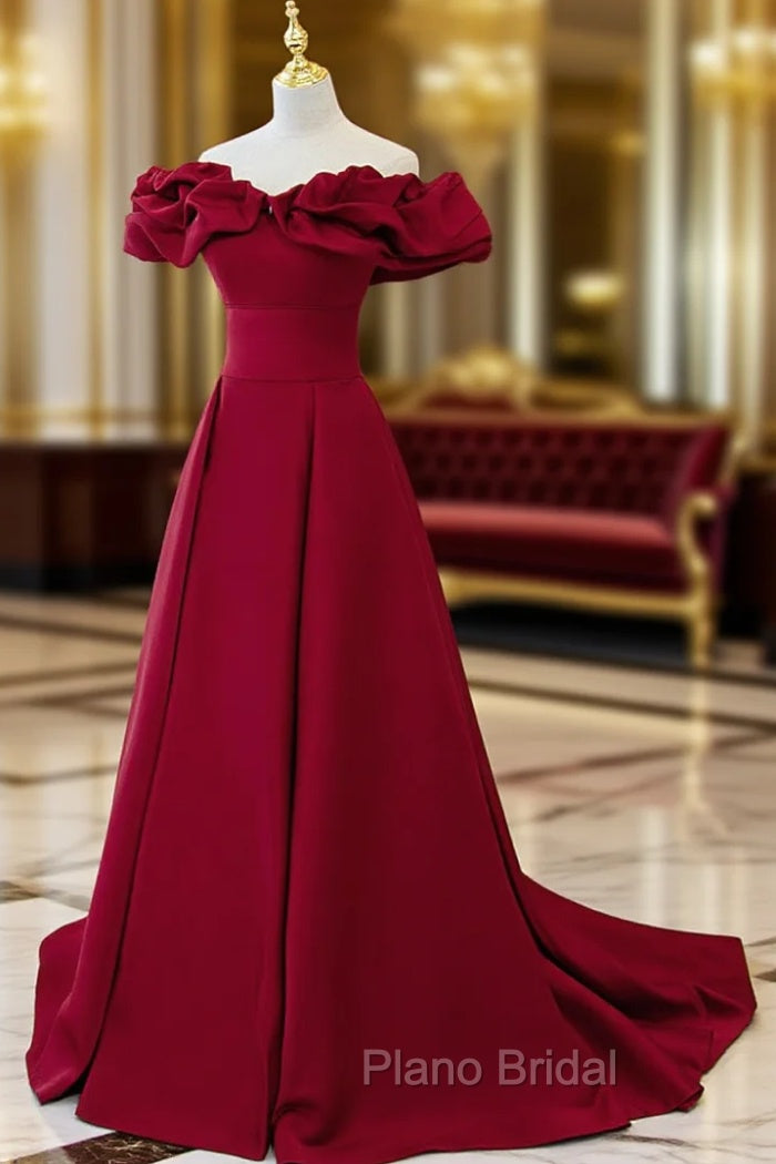 Burgundy Off Shoulder Satin Long Formal Prom Dresses, Burgundy Formal Evening Dresses