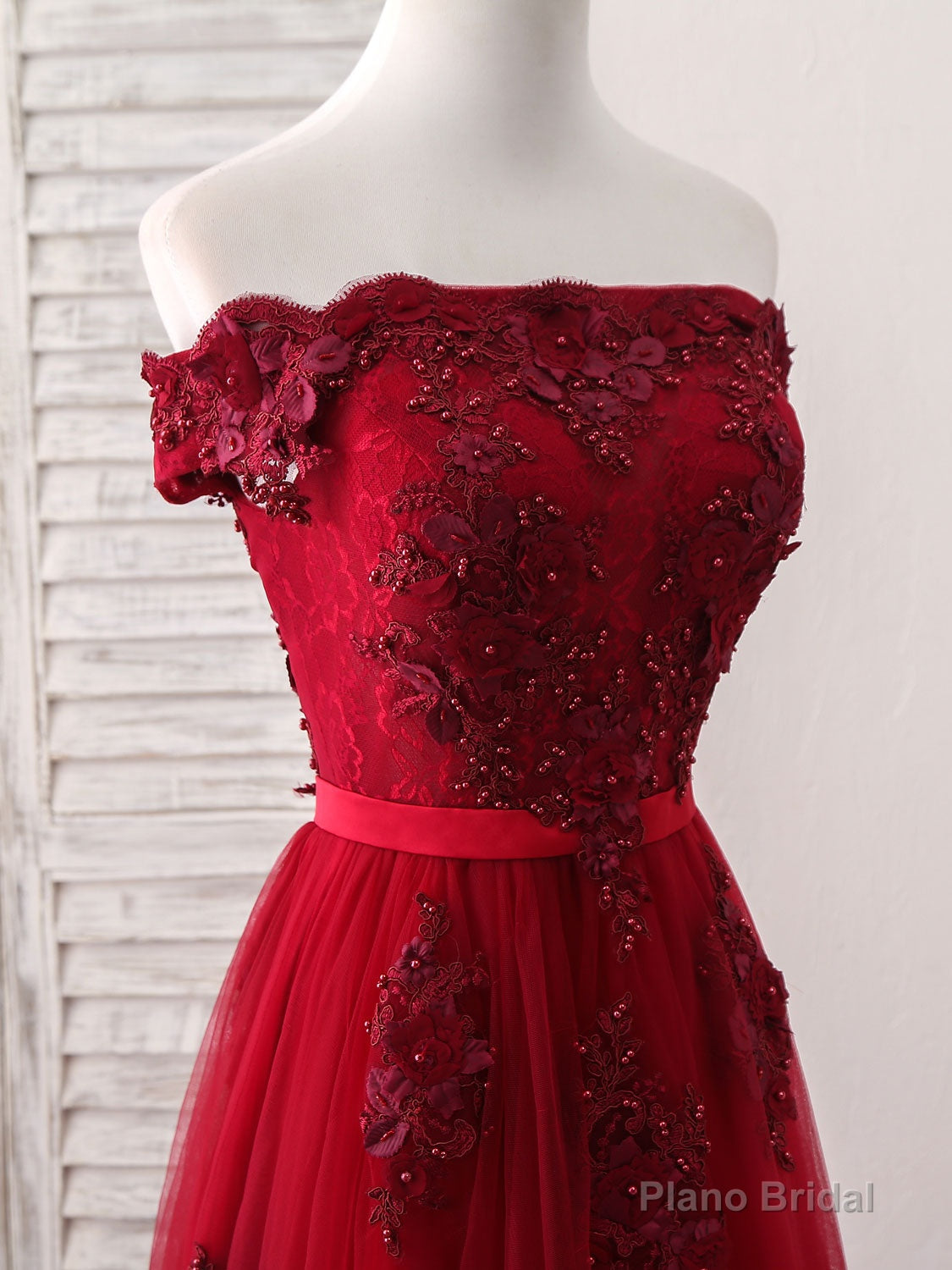 Burgundy Off Shoulder Tulle Lace Applique Long Prom Dress, Evening Dress Secondary image