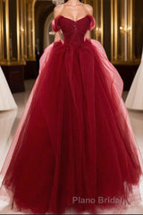 Burgundy off shoulder tulle lace long Formal Prom dress burgundy formal dress