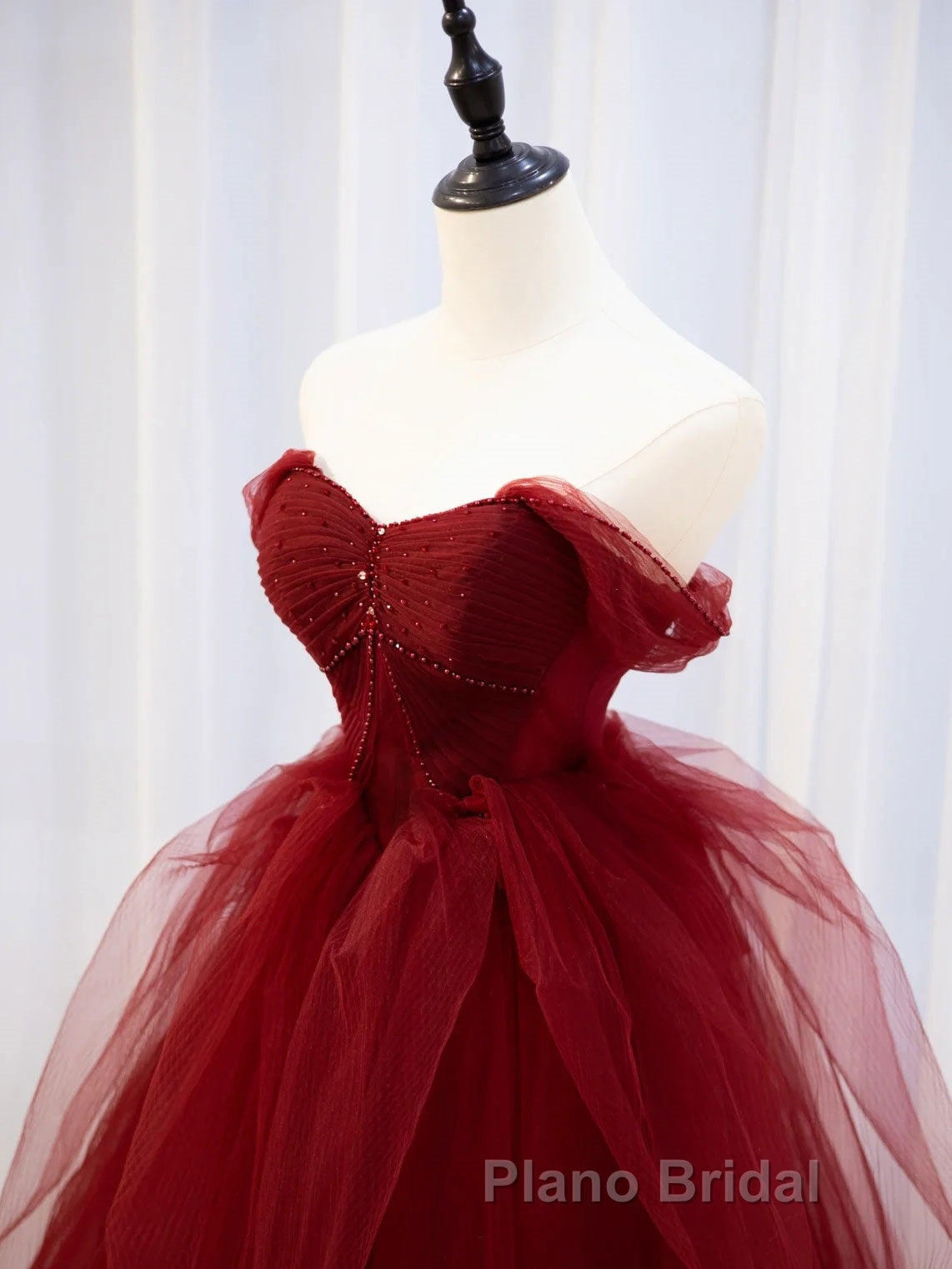 Burgundy off shoulder tulle lace long Formal Prom dress burgundy formal dress
