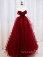 Burgundy Off Shoulder Tulle Lace Long Formal Prom Dresses, Burgundy Formal Graduation Dresses