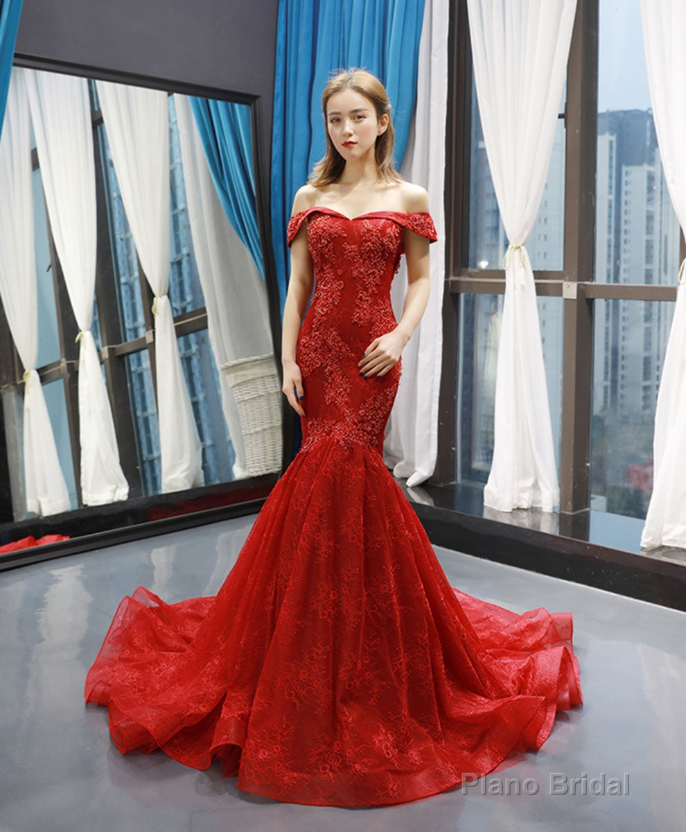 Burgundy Off Shoulder Tulle Lace Mermaid Long Prom Dress, Burgundy Evening Dress Main image