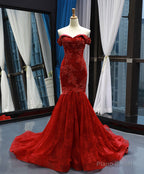 Burgundy Off Shoulder Tulle Lace Mermaid Long Prom Dress, Burgundy Evening Dress