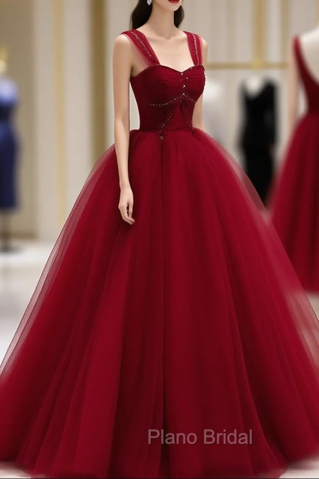 Burgundy Off Shoulder Tulle Long Formal Prom Dresses, Burgundy Formal Dresses Secondary image