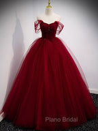 Burgundy Off Shoulder Tulle Long Formal Prom Dresses, Burgundy Formal Dresses