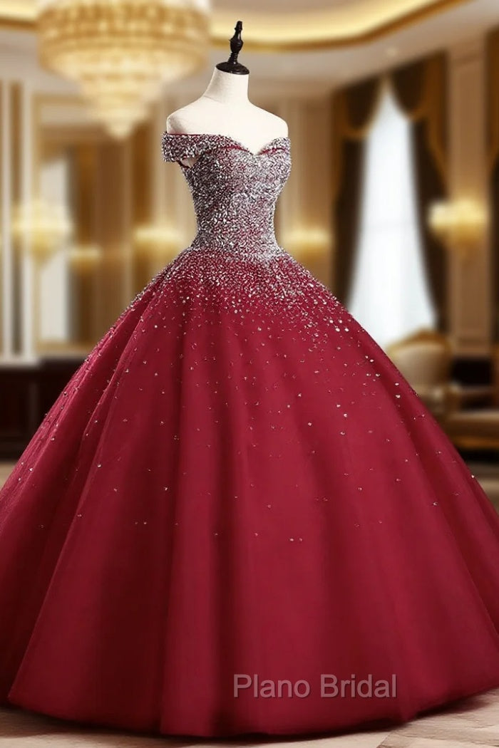 Burgundy Off Shoulder Tulle Sequin Long Formal Prom Dresses, Burgundy Sweet 16 Dresses