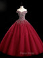 Burgundy Off Shoulder Tulle Sequin Long Formal Prom Dresses, Burgundy Sweet 16 Dresses