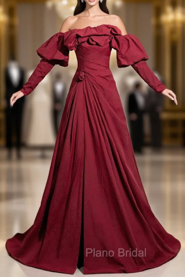 Burgundy off the Shoulder Pleats Formal Prom Dresses With Detachable Sleeve Main image