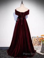 Burgundy Off The Shoulder Velvet Long Formal Prom Dresses