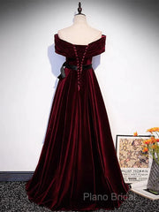 Burgundy Off The Shoulder Velvet Long Formal Prom Dresses