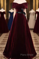 Burgundy Off The Shoulder Velvet Long Formal Prom Dresses