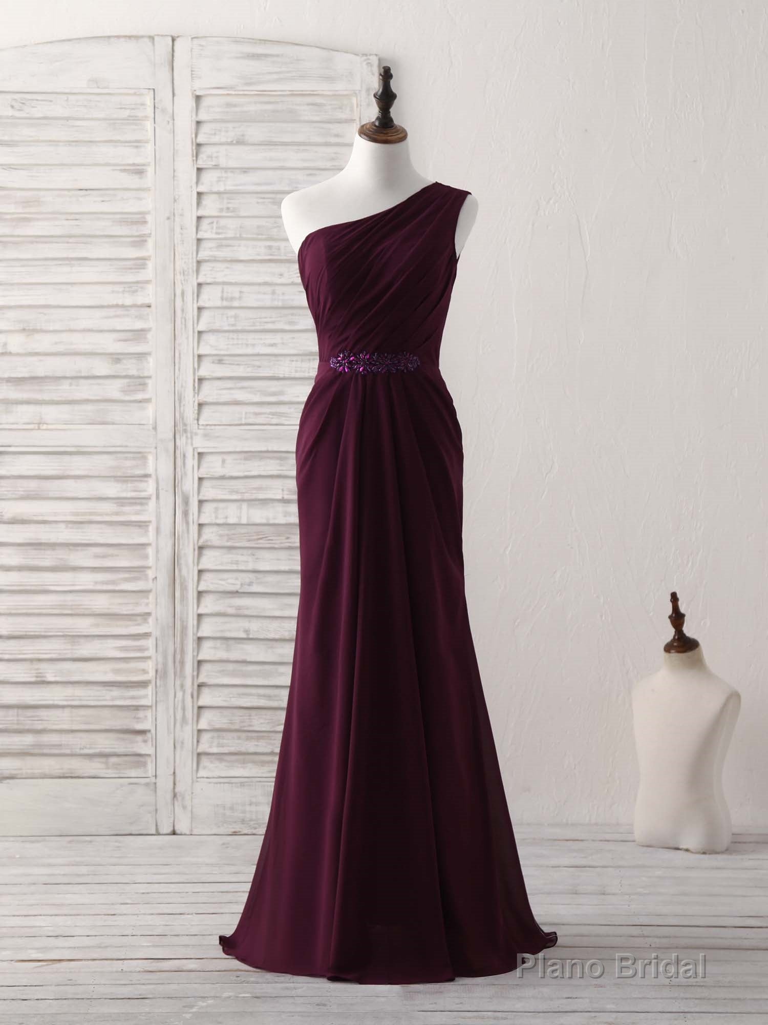 Burgundy One Shoulder Chiffon Mermaid Long Prom Dresses Main image