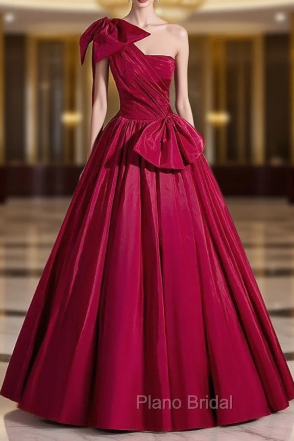 Burgundy One Shoulder Pleats Formal Prom Dresses Main image