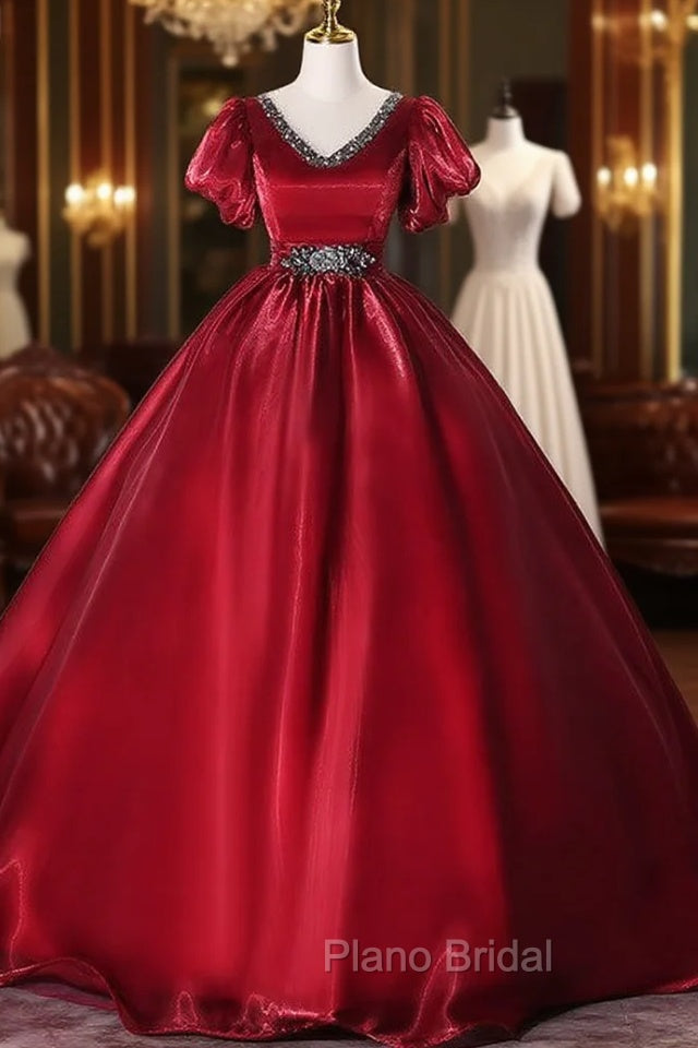 Burgundy Organza V-neck Puff Sleeve Beading Quinceanera Dresses Main image