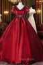 Burgundy Organza V-neck Puff Sleeve Beading Quinceanera Dresses