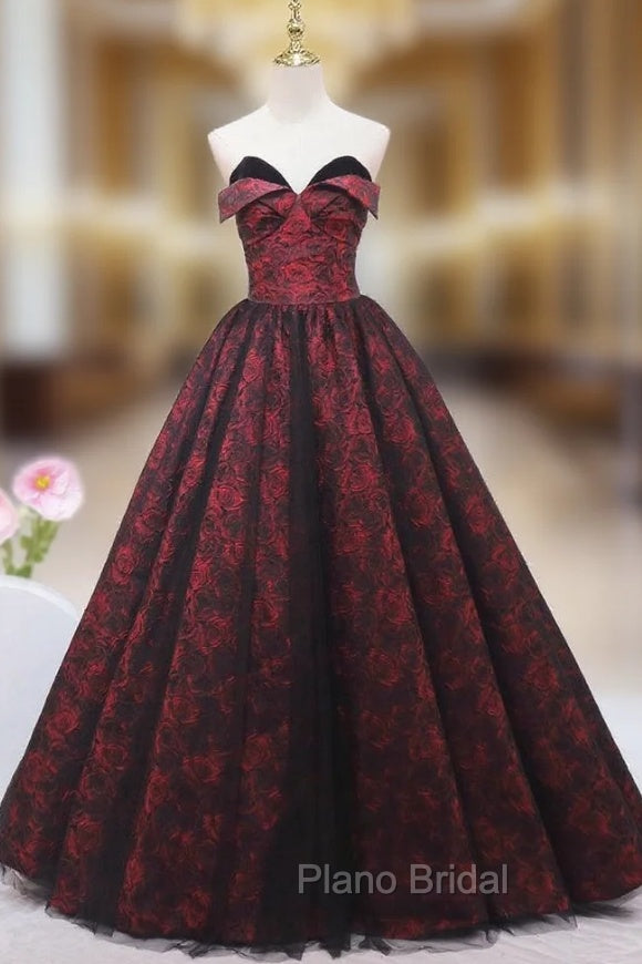Burgundy Print Strapless Formal Prom Dresses Main image