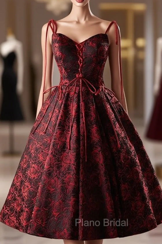 Burgundy Print Straps Homecoming Dresses