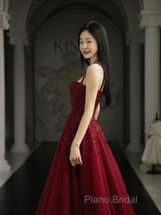 Burgundy Formal Prom Dresses A Line Straps Tulle Formal Dresses