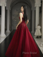 Burgundy Formal Prom Dresses A Line Straps Tulle Formal Dresses