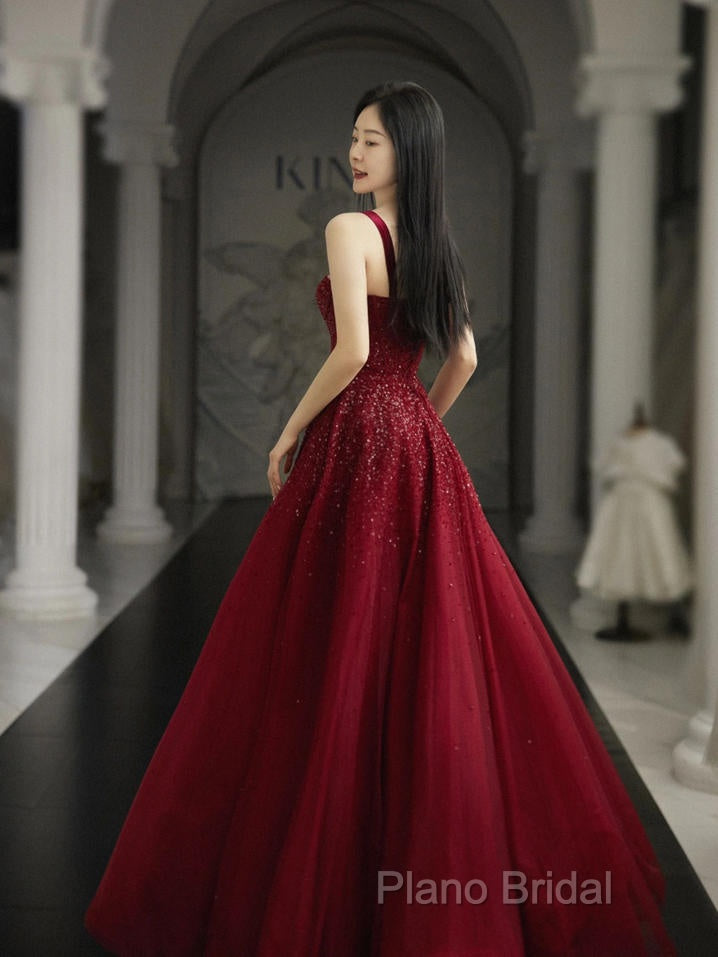 Burgundy Formal Prom Dresses A Line Straps Tulle Formal Dresses