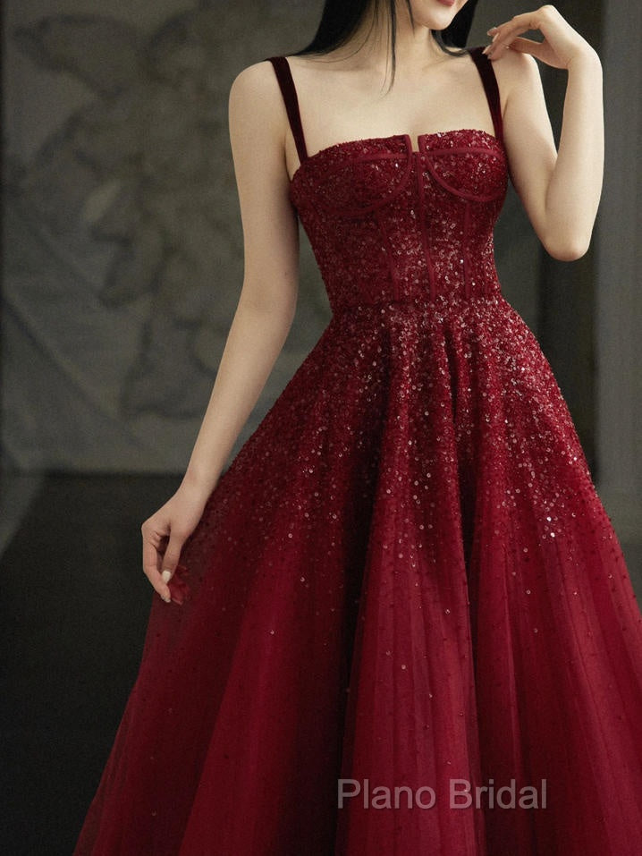 Burgundy Formal Prom Dresses A Line Straps Tulle Formal Dresses