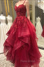 Burgundy Formal Prom Dresses, A-line V Neck Spaghetti Straps Long/Floor-Length Lace Formal Prom Dresses With Beading