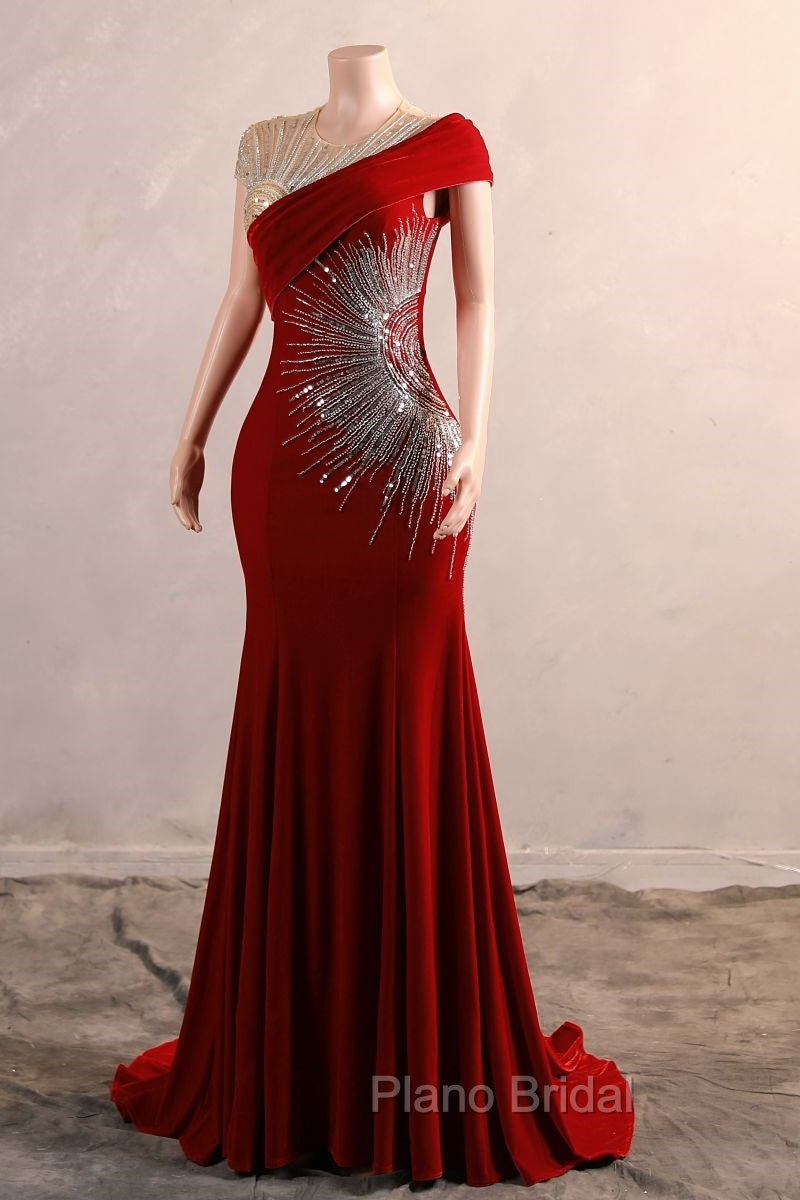 Burgundy Formal Prom Dresses Bodycon Velvet Long Formal Dresses with Embroidered Beadings Secondary image