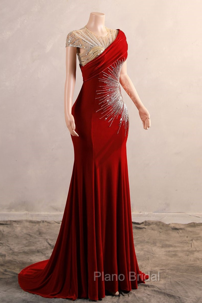 Burgundy Formal Prom Dresses Bodycon Velvet Long Formal Dresses with Embroidered Beadings