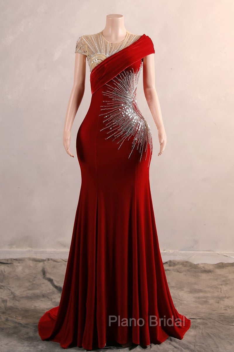 Burgundy Formal Prom Dresses Bodycon Velvet Long Formal Dresses with Embroidered Beadings