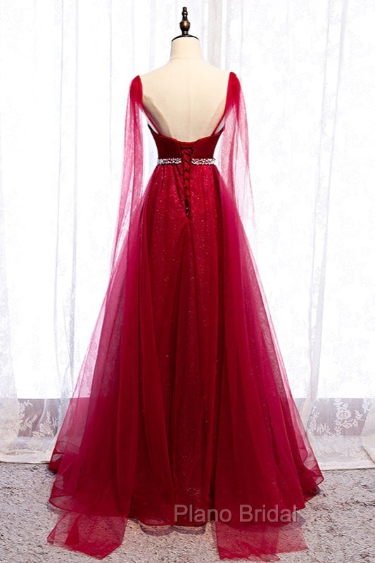 Burgundy Formal Prom Dresses, Spagetti-Strap Sleeveless Formal Prom Dresses Tulle Ruffles with Beadings Secondary image