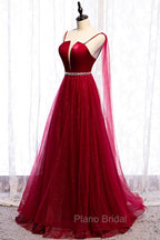 Burgundy Formal Prom Dresses, Spagetti-Strap Sleeveless Formal Prom Dresses Tulle Ruffles with Beadings