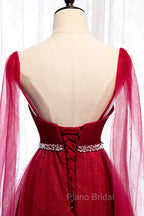 Burgundy Formal Prom Dresses, Spagetti-Strap Sleeveless Formal Prom Dresses Tulle Ruffles with Beadings
