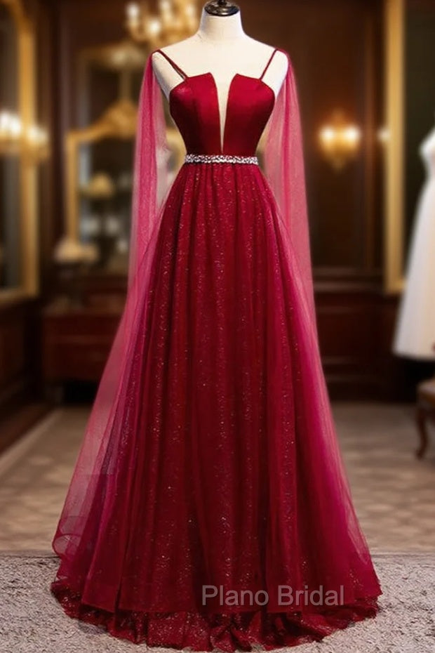 Burgundy Formal Prom Dresses, Spagetti-Strap Sleeveless Formal Prom Dresses Tulle Ruffles with Beadings Main image