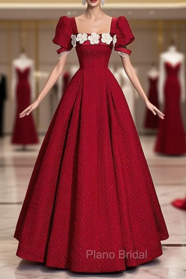 Burgundy Puff Sleeve Flower Formal Prom Dresses Main image