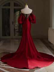 Burgundy Puff Sleeves Satin Burgundy Long Formal Prom Dresses, Burgundy Long Formal Dresses