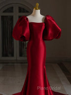 Burgundy Puff Sleeves Satin Burgundy Long Formal Prom Dresses, Burgundy Long Formal Dresses
